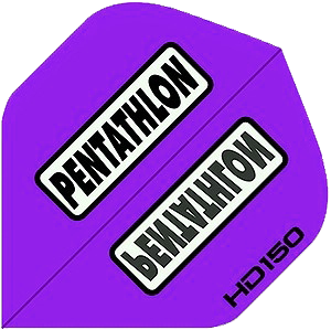 Das Bild zeigt ein lilafarbenes Dart-Flight mit der Aufschrift „PENTATHLON“. In der Ecke steht außerdem „HD 150“.